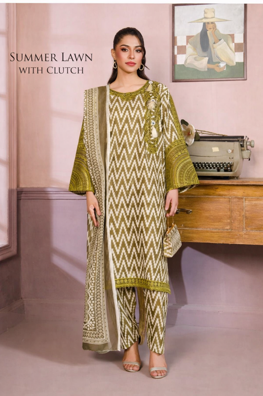 Ziqzaq Olive Green-3 Piece Lawn Suit